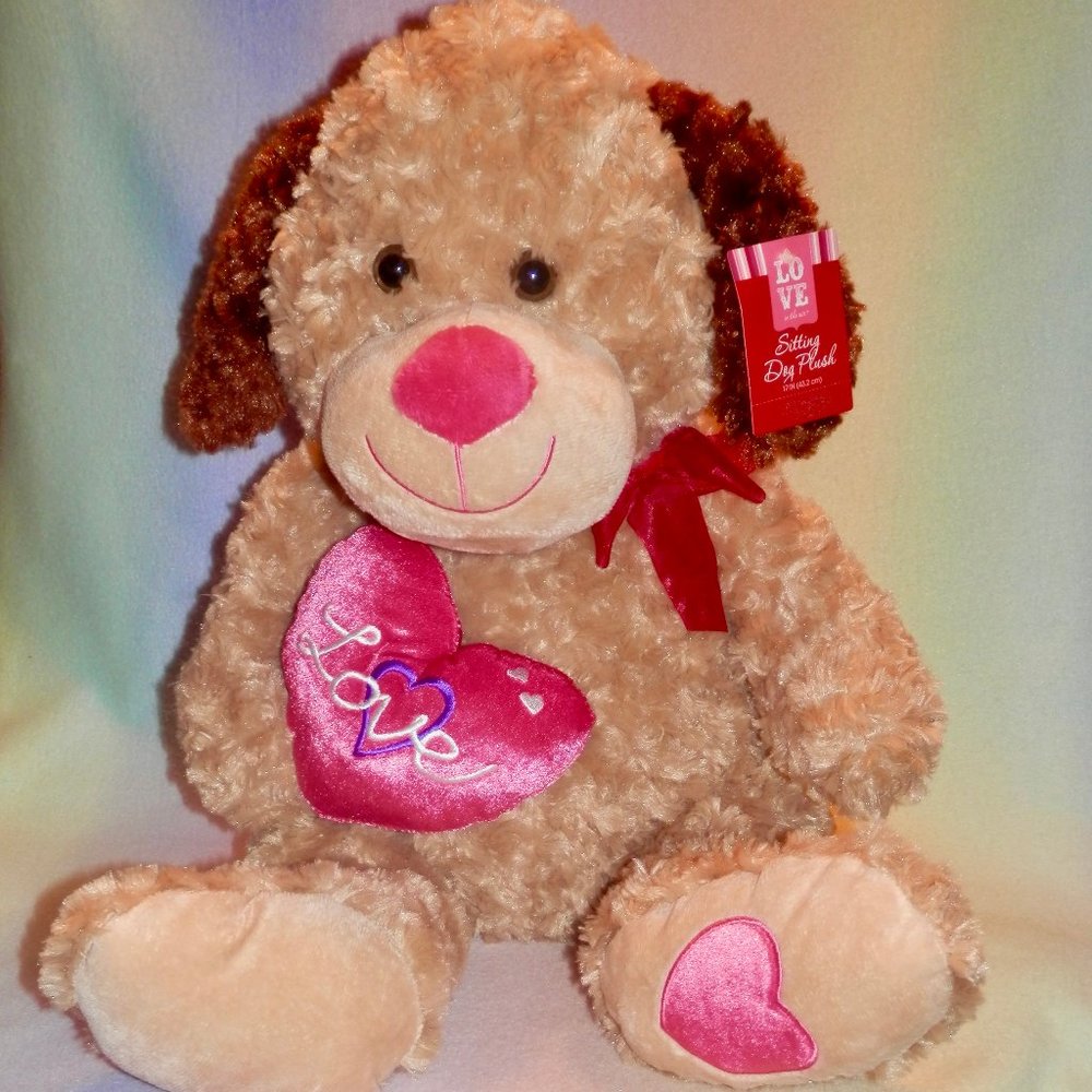 SITTING BROWN DOG PLUSH * WITH PINK BE LOVE HEART * SO CUTE * 17 IN * NEW *